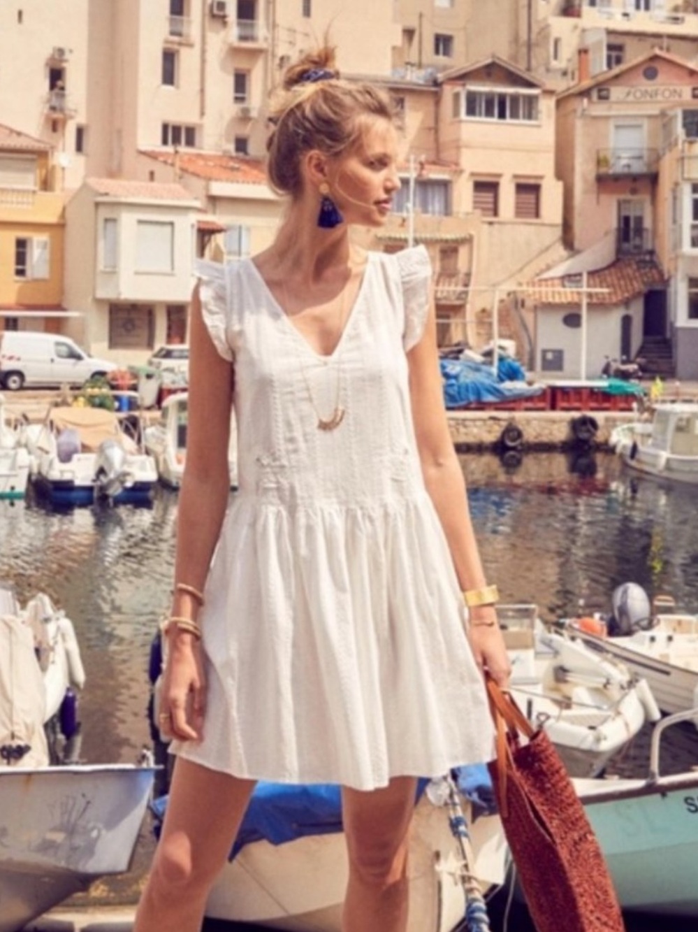 Sezane Emilia Dress - Mini V-Neck Ruffle Sleeve Dress